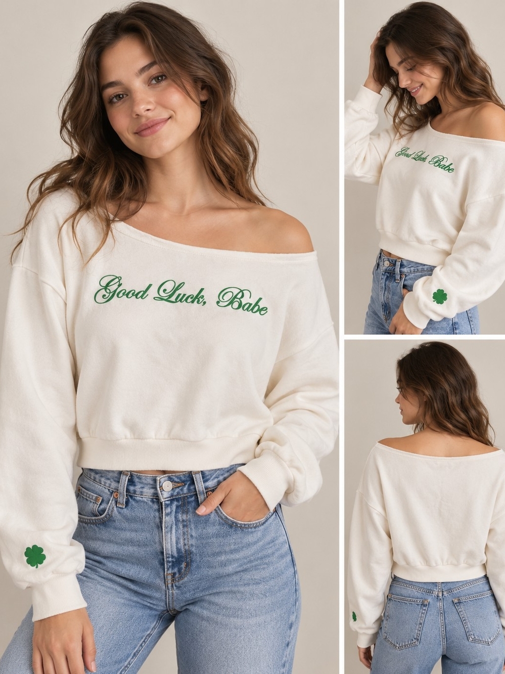 Good Luck, Babe Off-the-Shoulder Cream Sweatshirt